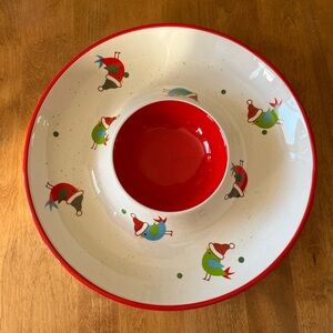 Holiday Bird chip & dip platter. 13" colorful birds wearing winter hats. New